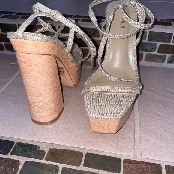 - MMISS LOLA SUNWEAR PARADISE NUDE LINEN STRAPPY BLOCK HEELS SIZE 9 - Picture 14 of 15
